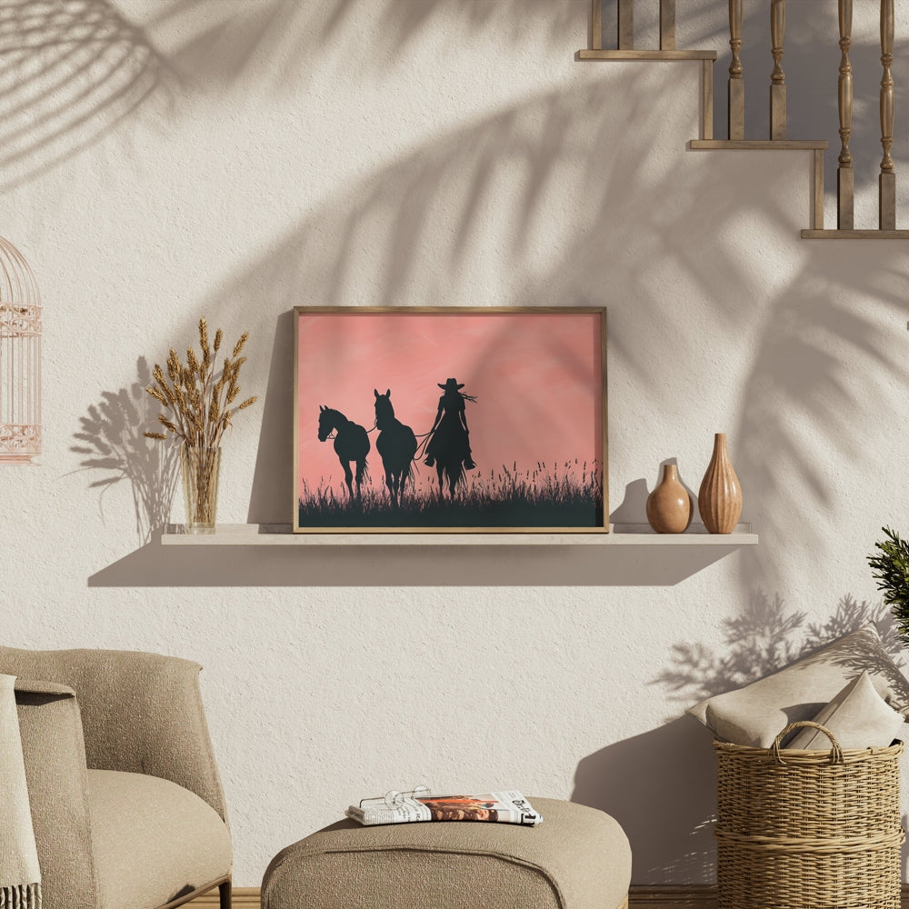 Premium Poster of Cowboy Silhouette with Horses on Field Art Print Posters