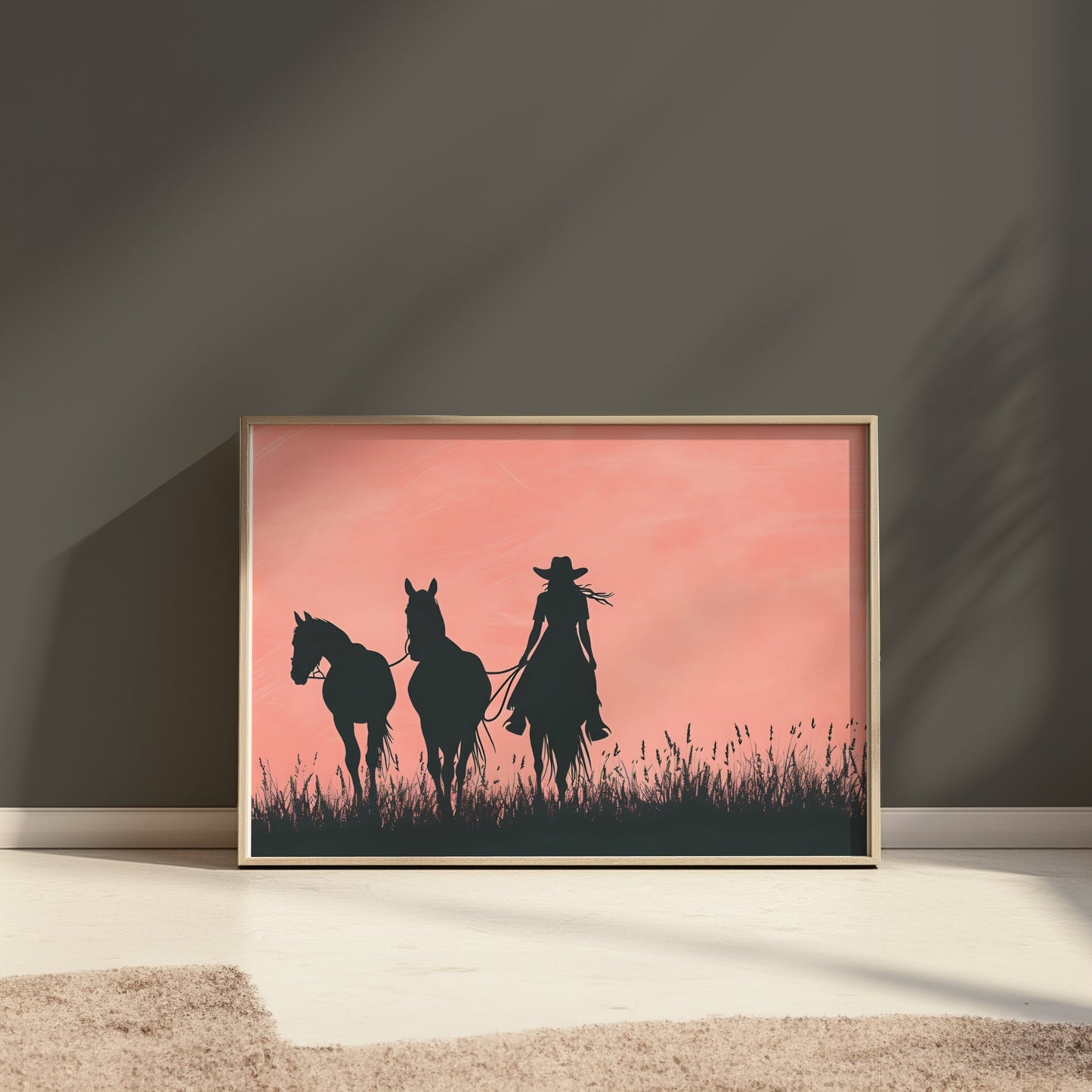 Premium Poster of Cowboy Silhouette with Horses on Field Art Print Posters