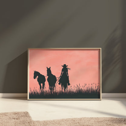 Premium Poster of Cowboy Silhouette with Horses on Field Art Print Posters