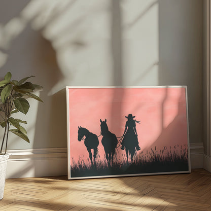 Premium Poster of Cowboy Silhouette with Horses on Field Art Print Posters