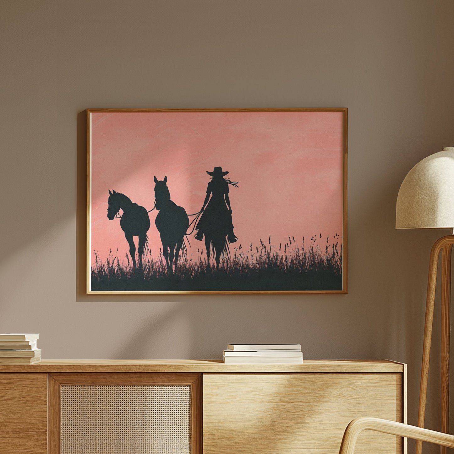 Premium Poster of Cowboy Silhouette with Horses on Field Art Print Posters