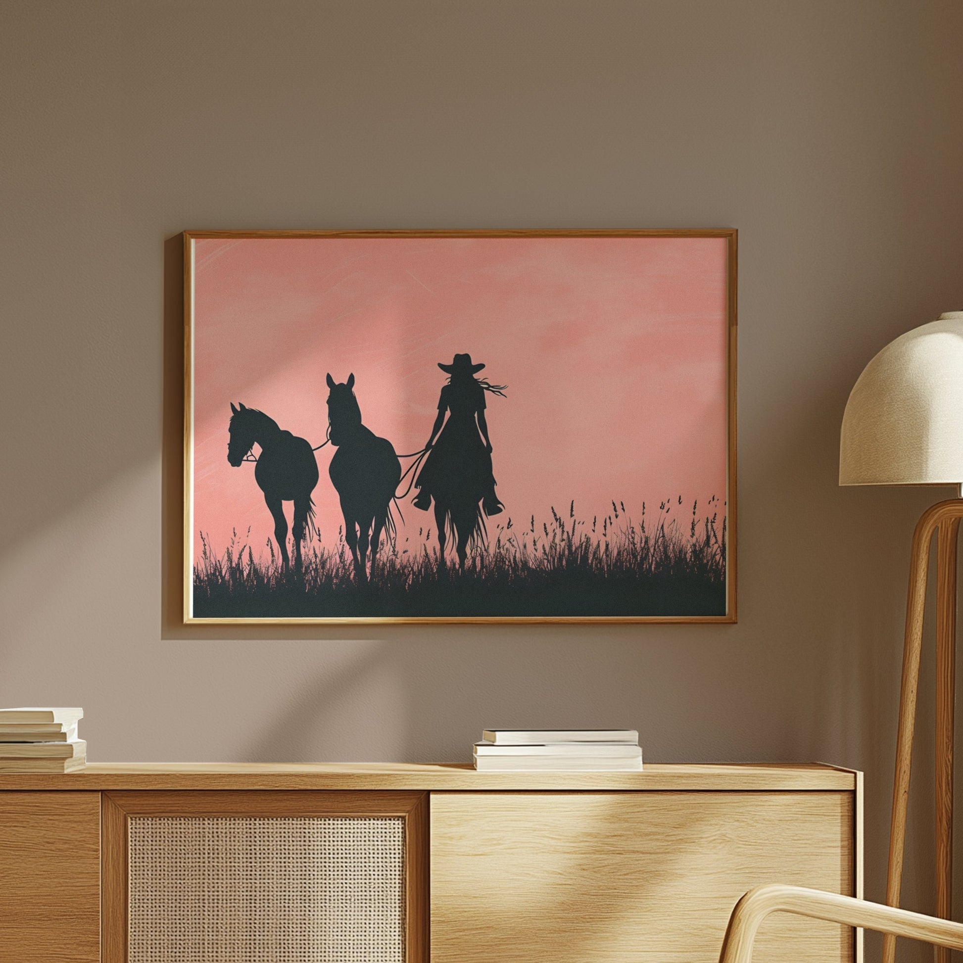 Premium Poster of Cowboy Silhouette with Horses on Field Art Print Posters