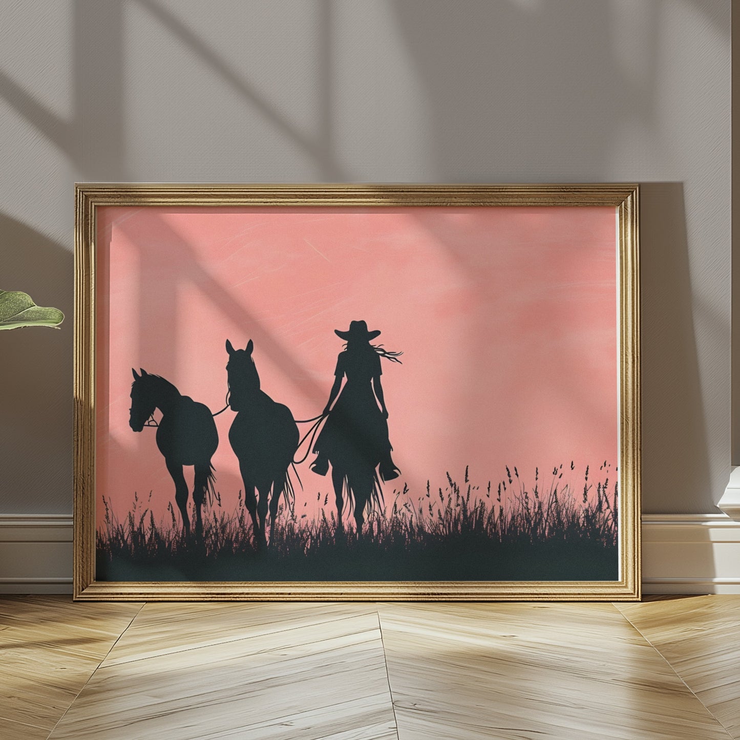 Premium Poster of Cowboy Silhouette with Horses on Field Art Print Posters