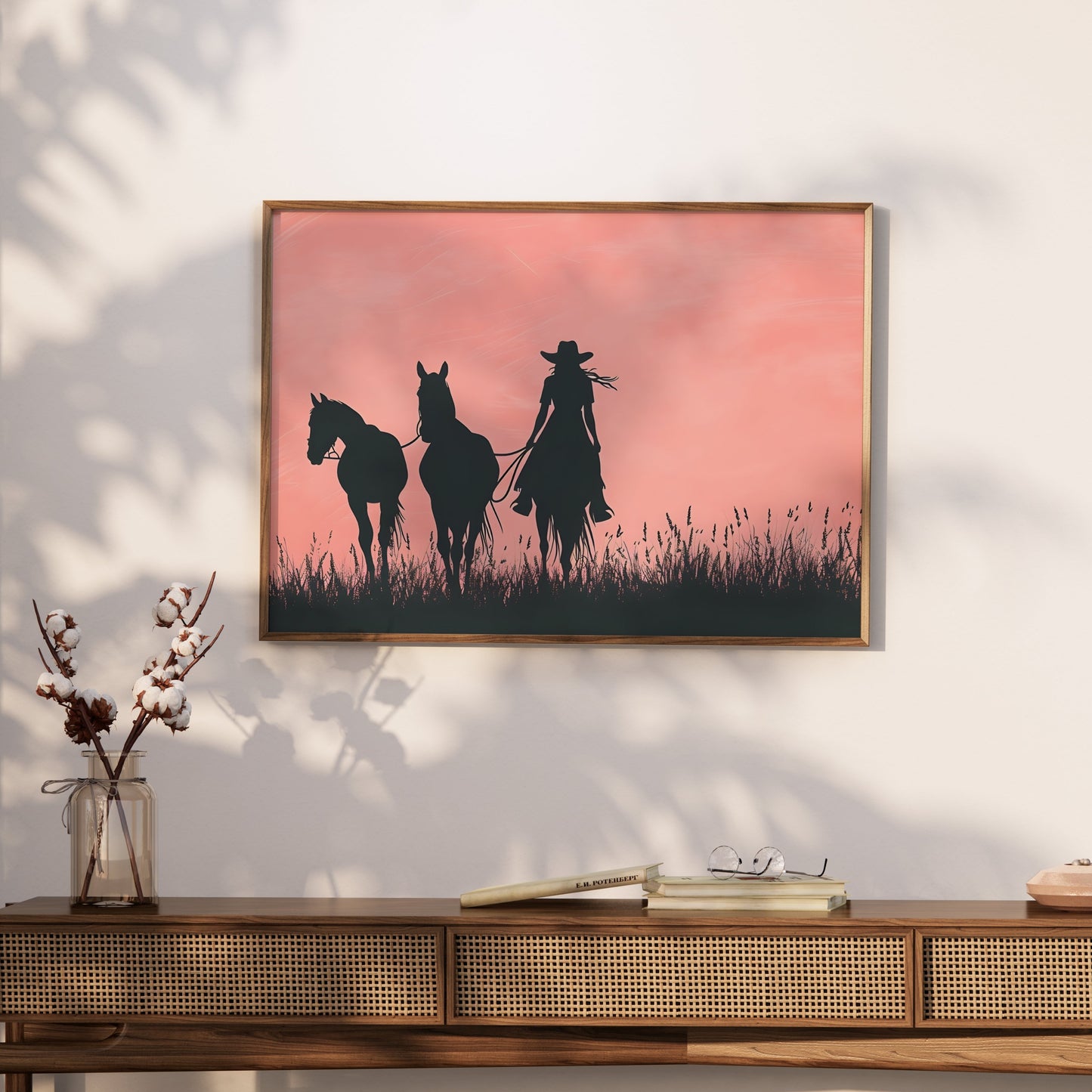 Premium Poster of Cowboy Silhouette with Horses on Field Art Print Posters