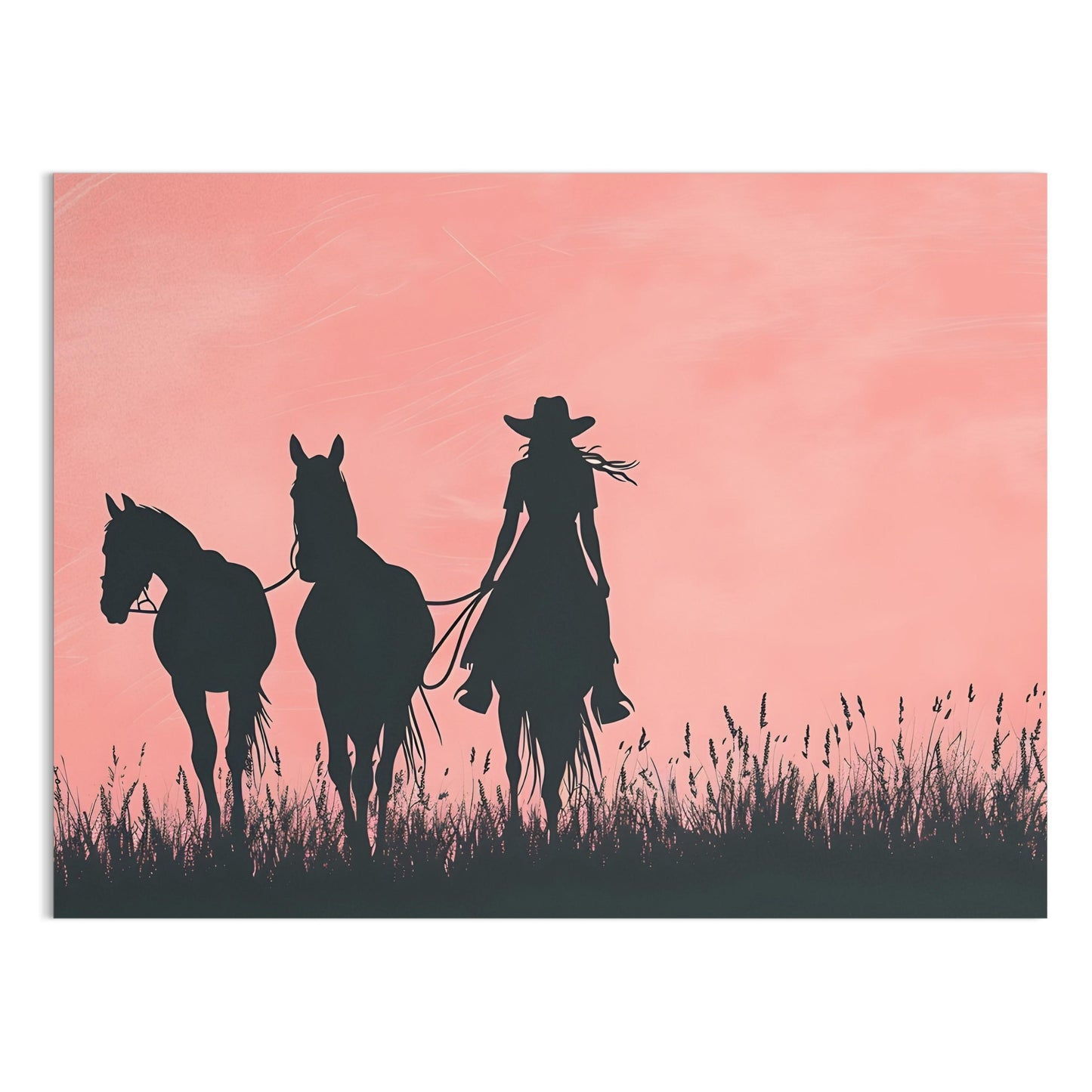 Premium Poster of Cowboy Silhouette with Horses on Field Art Print Posters