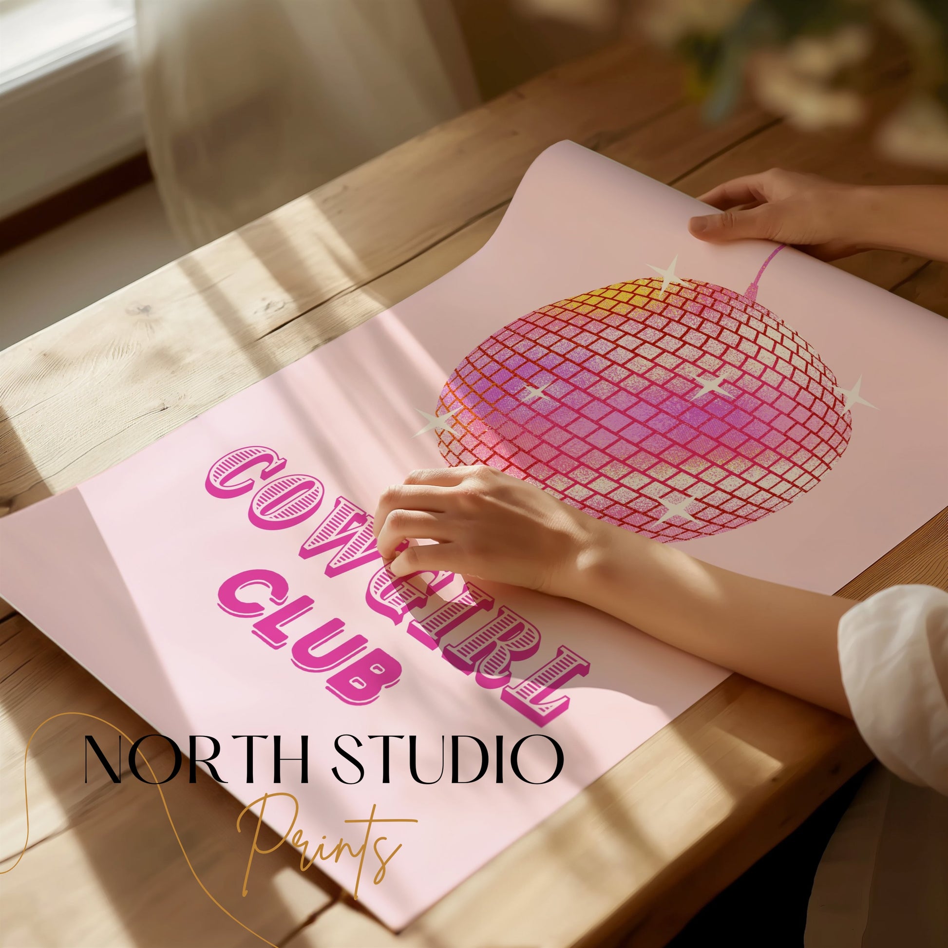 Premium Poster of Cowgirl Club Disco Ball Sparkles on Pink Background Posters