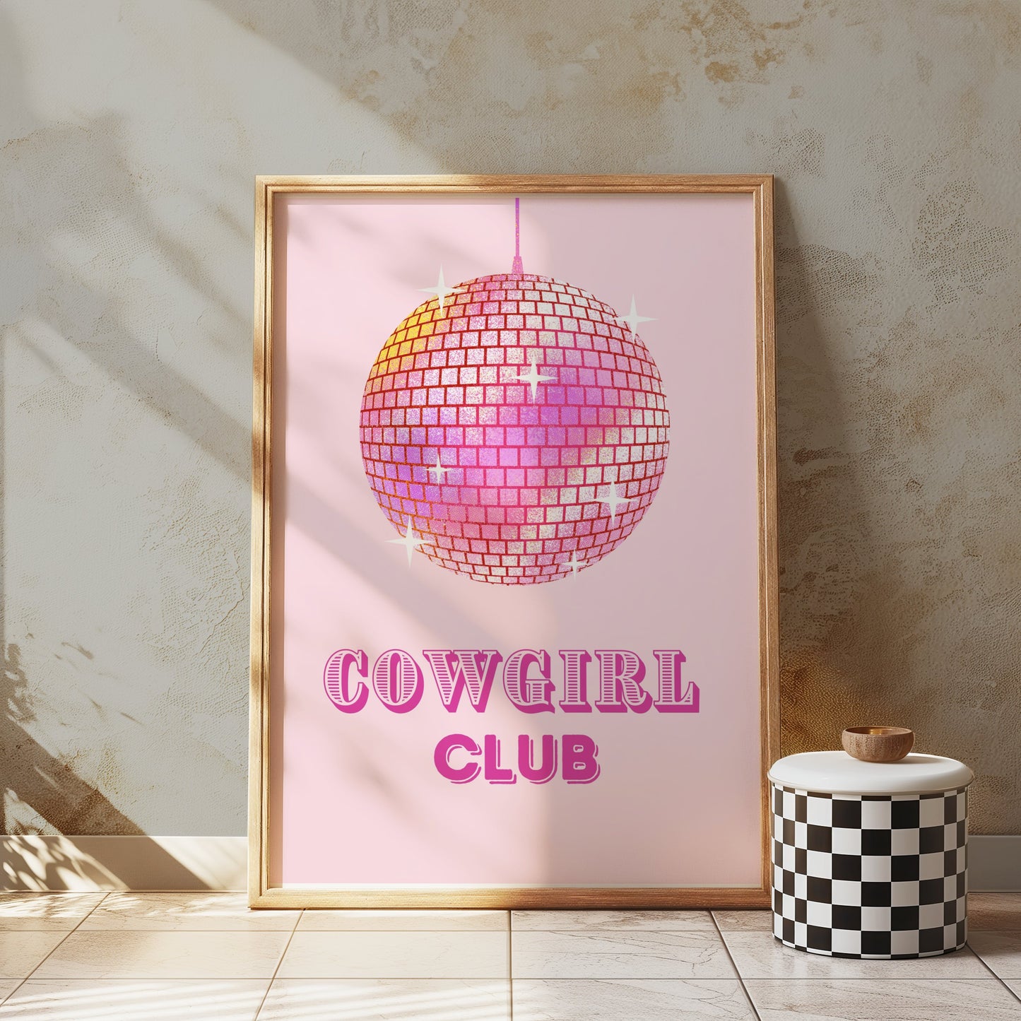 Premium Poster of Cowgirl Club Disco Ball Sparkles on Pink Background Posters