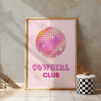 Premium Poster of Cowgirl Club Disco Ball Sparkles on Pink Background Posters