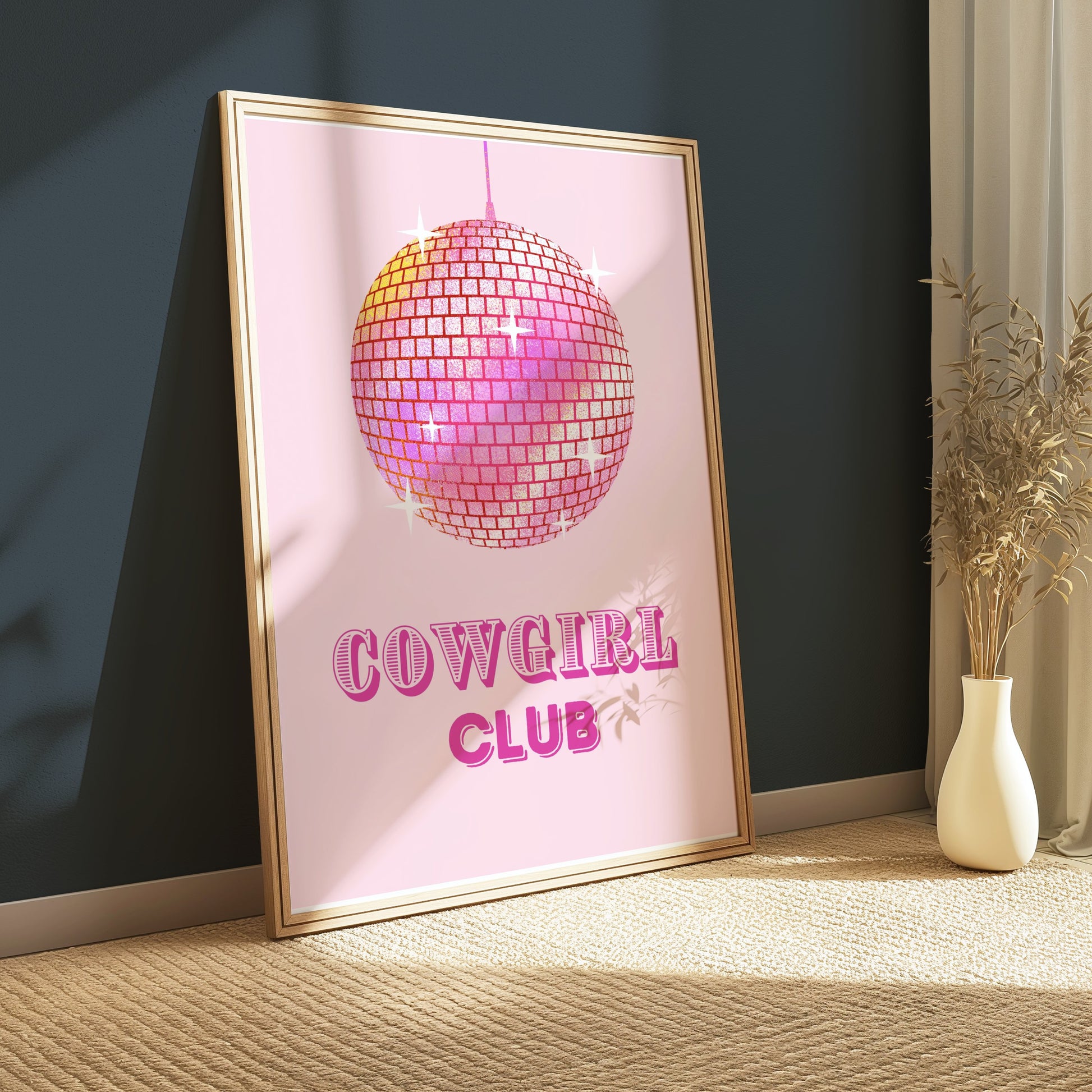 Premium Poster of Cowgirl Club Disco Ball Sparkles on Pink Background Posters