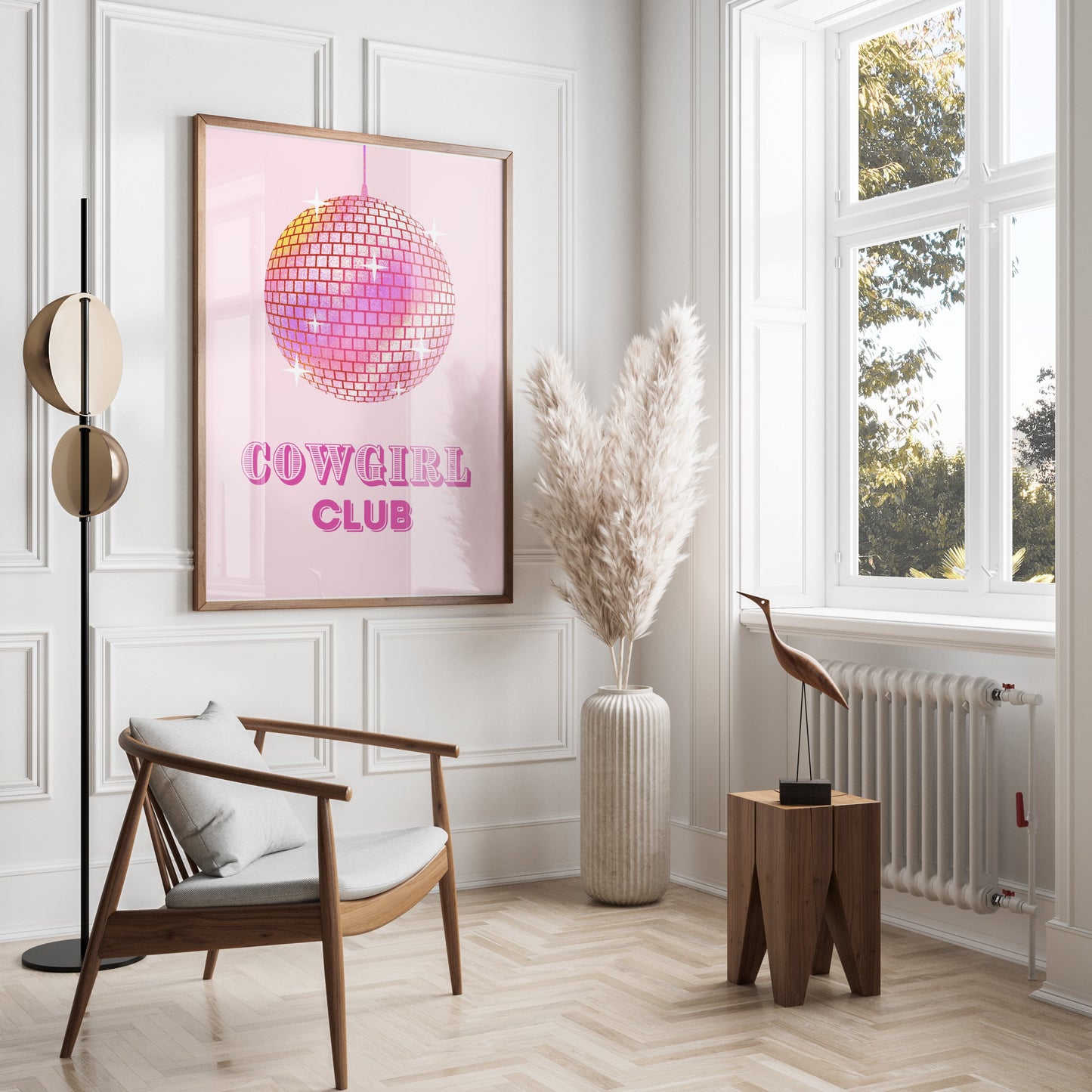 Premium Poster of Cowgirl Club Disco Ball Sparkles on Pink Background Posters