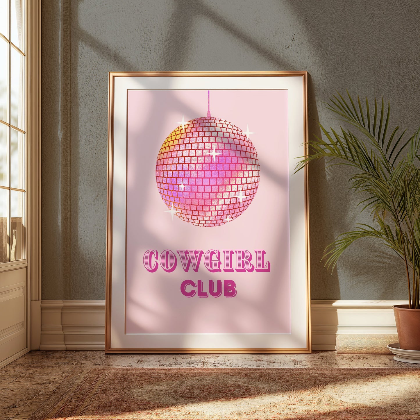 Premium Poster of Cowgirl Club Disco Ball Sparkles on Pink Background Posters