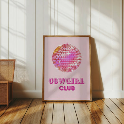 Premium Poster of Cowgirl Club Disco Ball Sparkles on Pink Background Posters