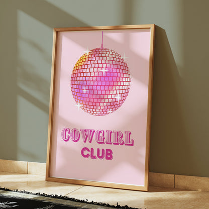 Premium Poster of Cowgirl Club Disco Ball Sparkles on Pink Background Posters