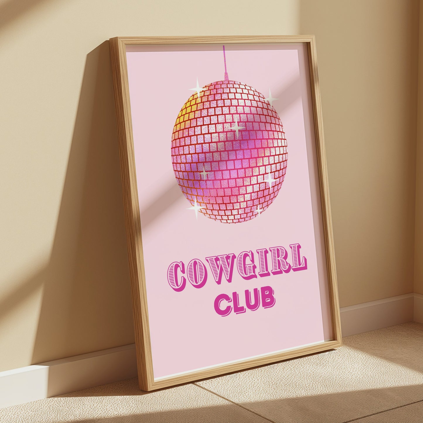 Premium Poster of Cowgirl Club Disco Ball Sparkles on Pink Background Posters