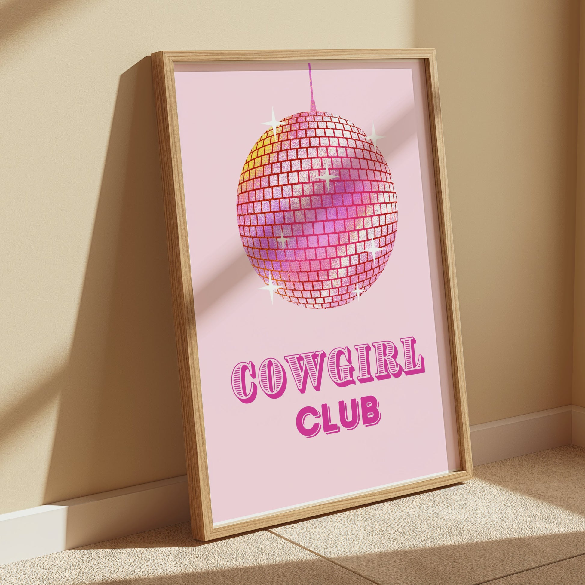 Premium Poster of Cowgirl Club Disco Ball Sparkles on Pink Background Posters