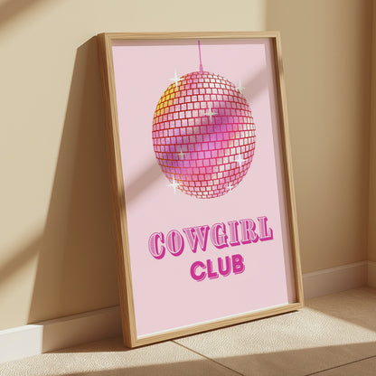 Premium Poster of Cowgirl Club Disco Ball Sparkles on Pink Background Posters
