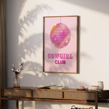 Premium Poster of Cowgirl Club Disco Ball Sparkles on Pink Background Posters