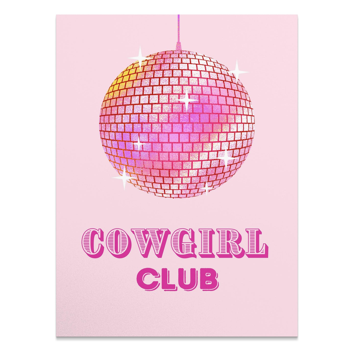 Premium Poster of Cowgirl Club Disco Ball Sparkles on Pink Background Posters