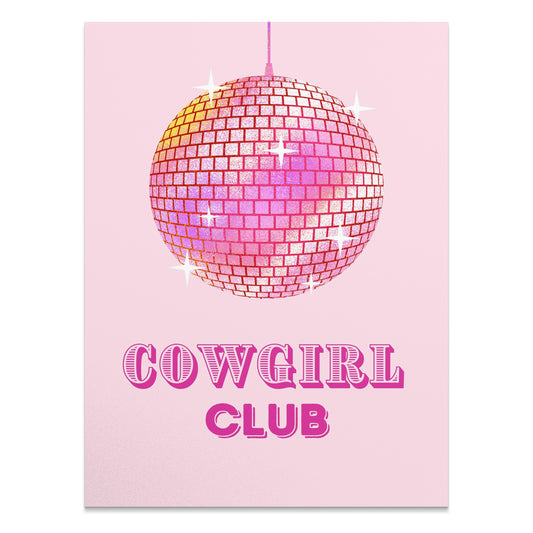 Premium Poster of Cowgirl Club Disco Ball Sparkles on Pink Background Posters