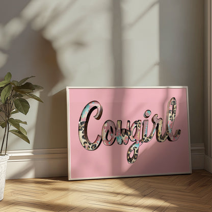 Premium Poster of Cowgirl Text Animal Print Design Stylish Wall Art Posters