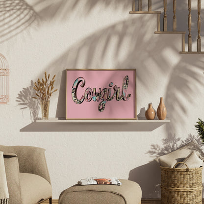 Premium Poster of Cowgirl Text Animal Print Design Stylish Wall Art Posters