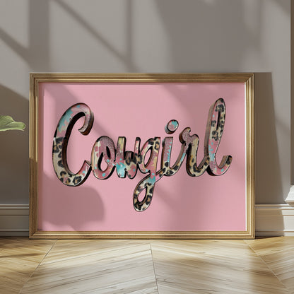 Premium Poster of Cowgirl Text Animal Print Design Stylish Wall Art Posters