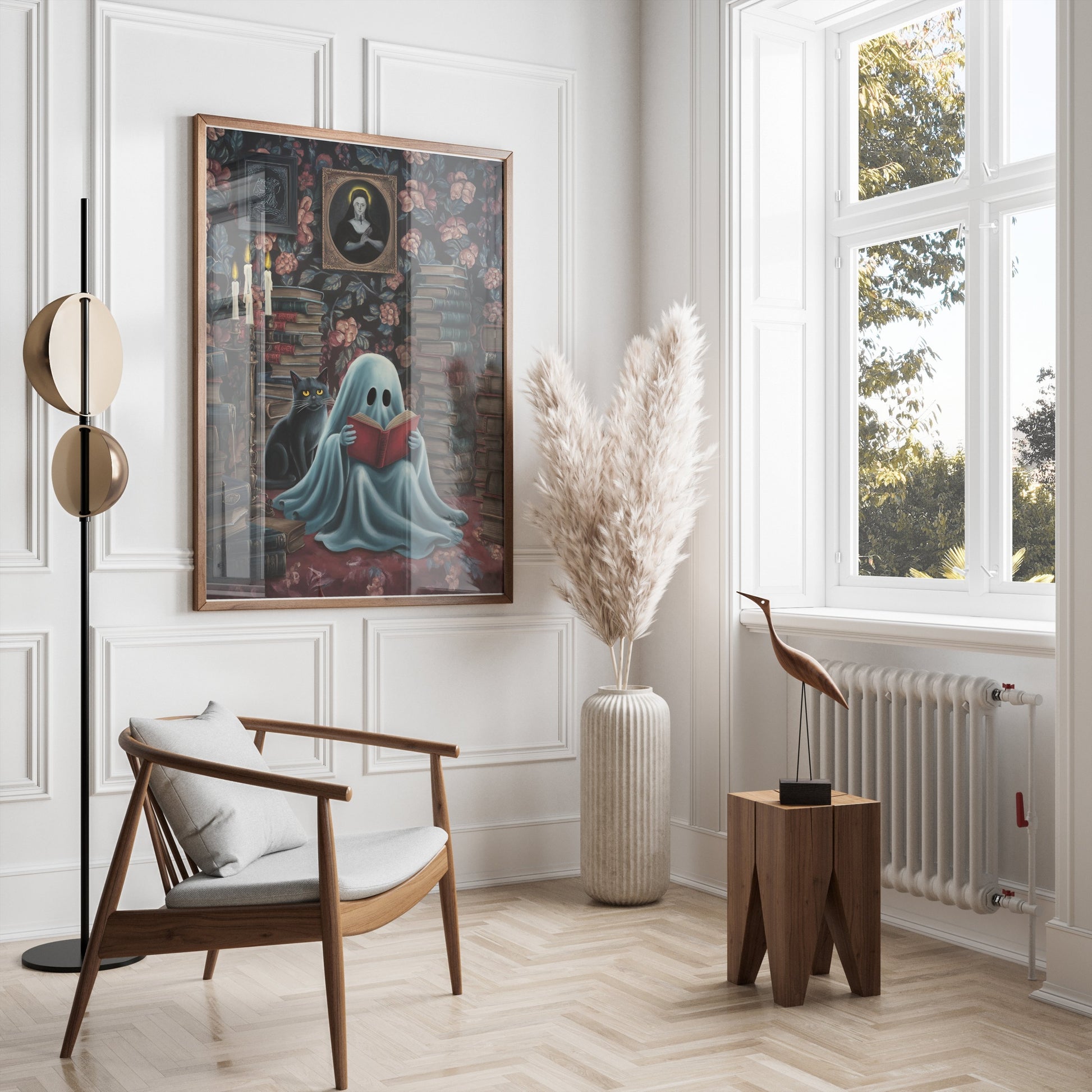 Premium Poster of Cozy Ghost Reading with Black Cat Posters