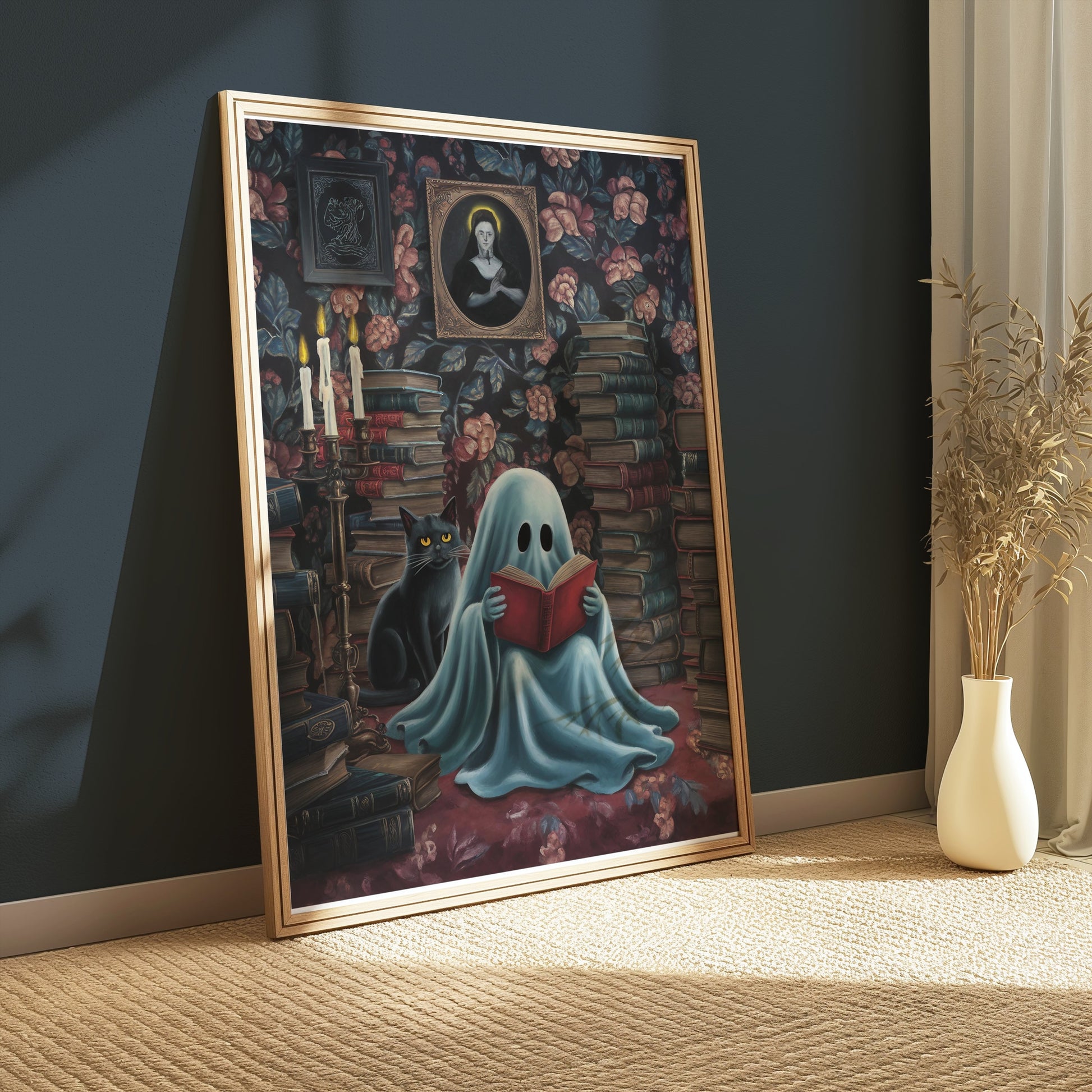 Premium Poster of Cozy Ghost Reading with Black Cat Posters