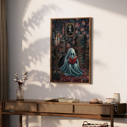 Premium Poster of Cozy Ghost Reading with Black Cat Posters
