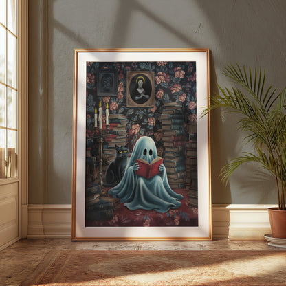 Premium Poster of Cozy Ghost Reading with Black Cat Posters