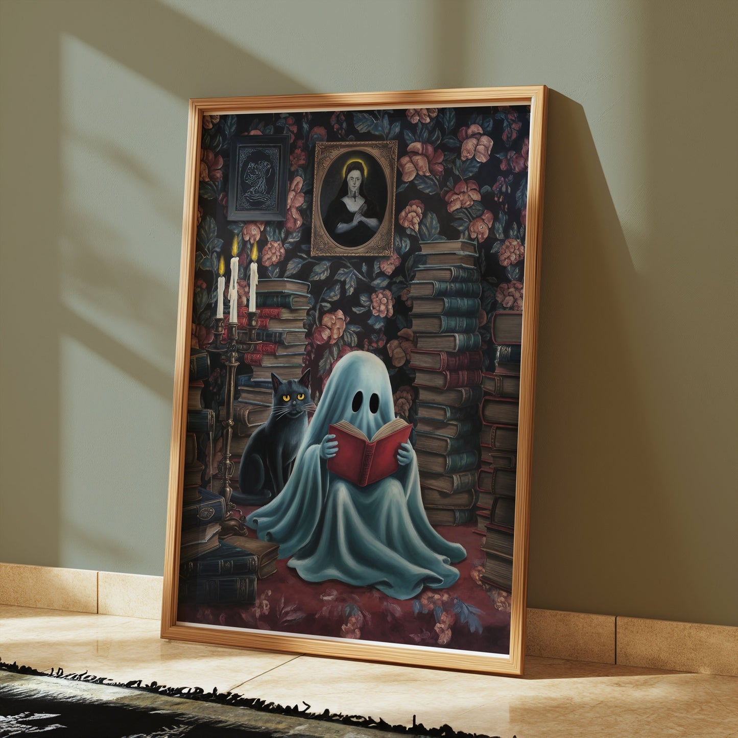 Premium Poster of Cozy Ghost Reading with Black Cat Posters