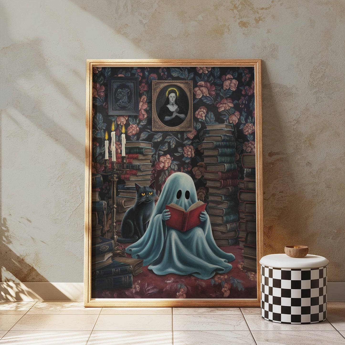 Premium Poster of Cozy Ghost Reading with Black Cat Posters