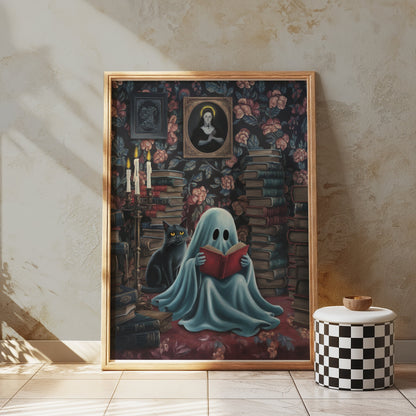 Premium Poster of Cozy Ghost Reading with Black Cat Posters