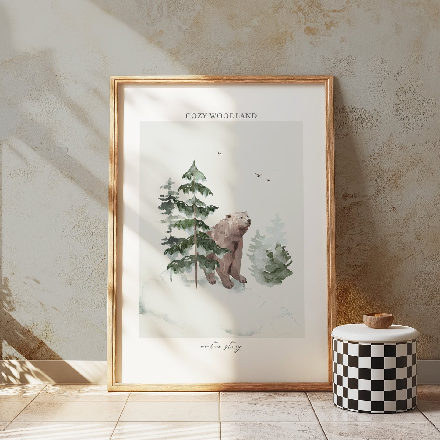 Premium Poster of Cozy Woodland Bear Among Forest Winter Scene Posters