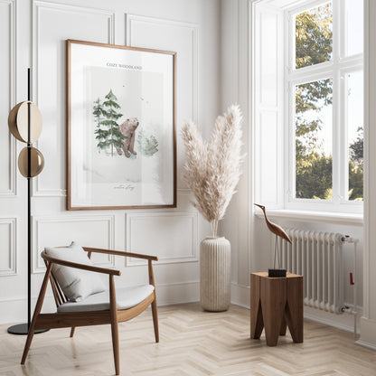 Premium Poster of Cozy Woodland Bear Among Forest Winter Scene Posters