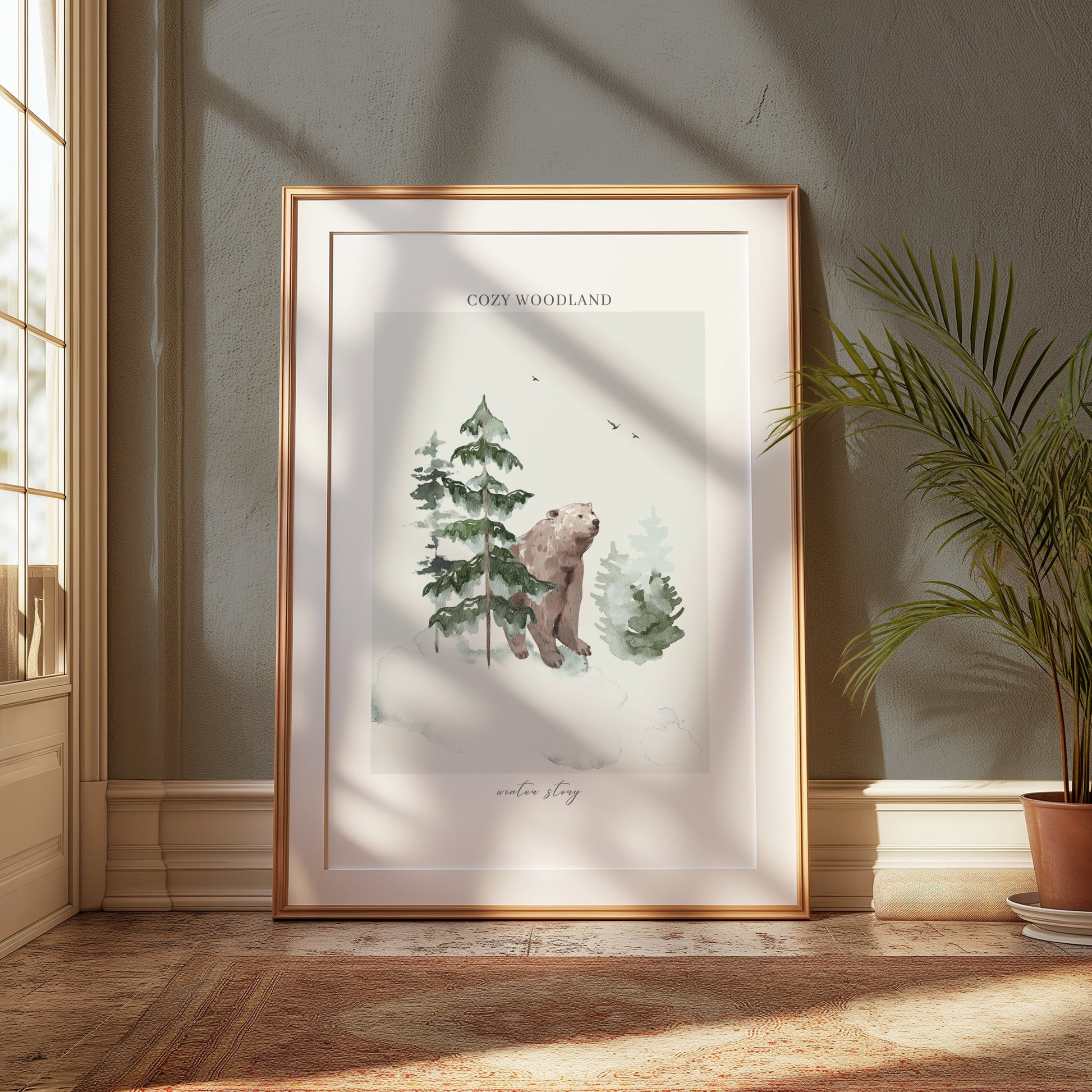 Premium Poster of Cozy Woodland Bear Among Forest Winter Scene Posters
