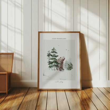 Premium Poster of Cozy Woodland Bear Among Forest Winter Scene Posters