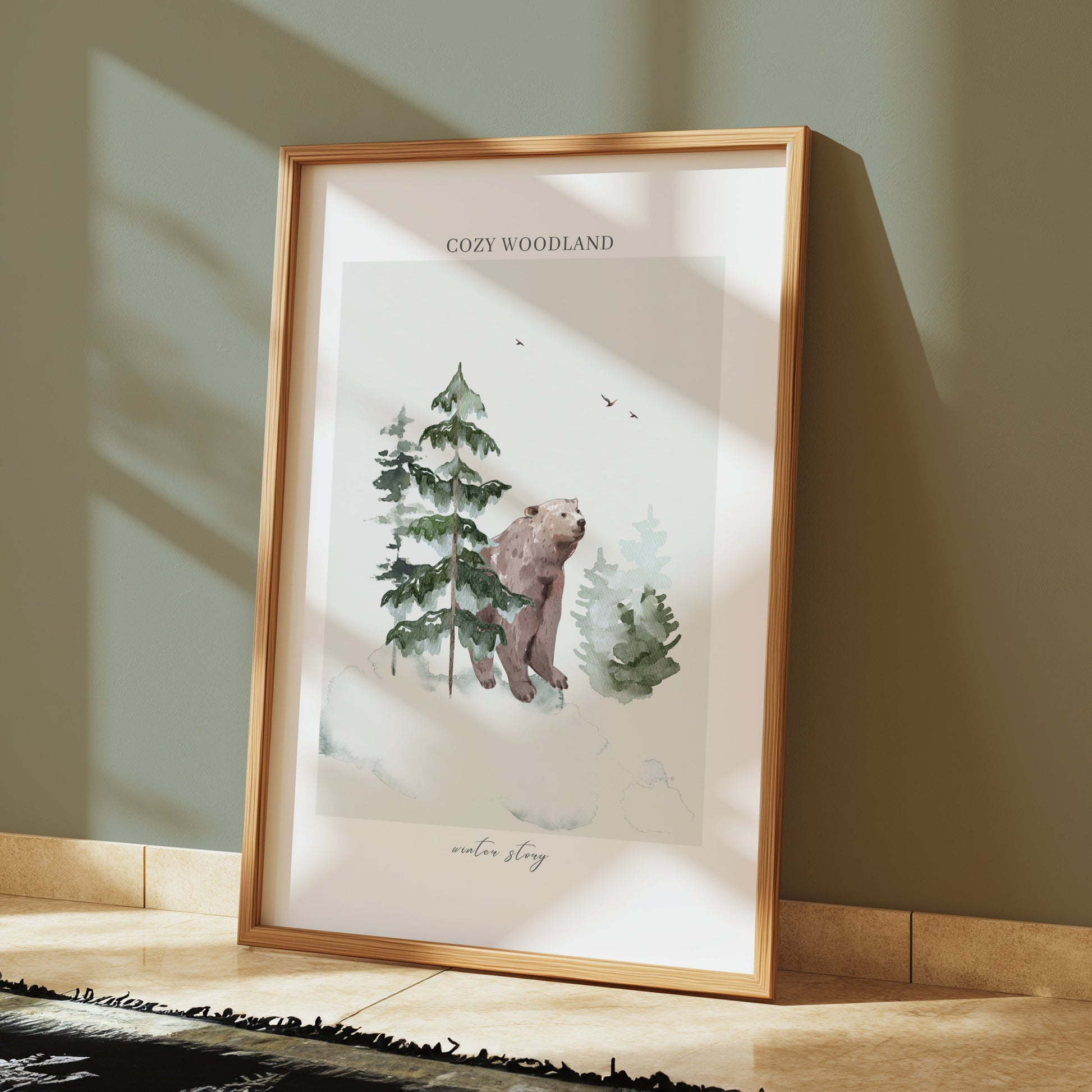 Premium Poster of Cozy Woodland Bear Among Forest Winter Scene Posters