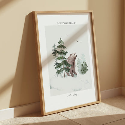 Premium Poster of Cozy Woodland Bear Among Forest Winter Scene Posters
