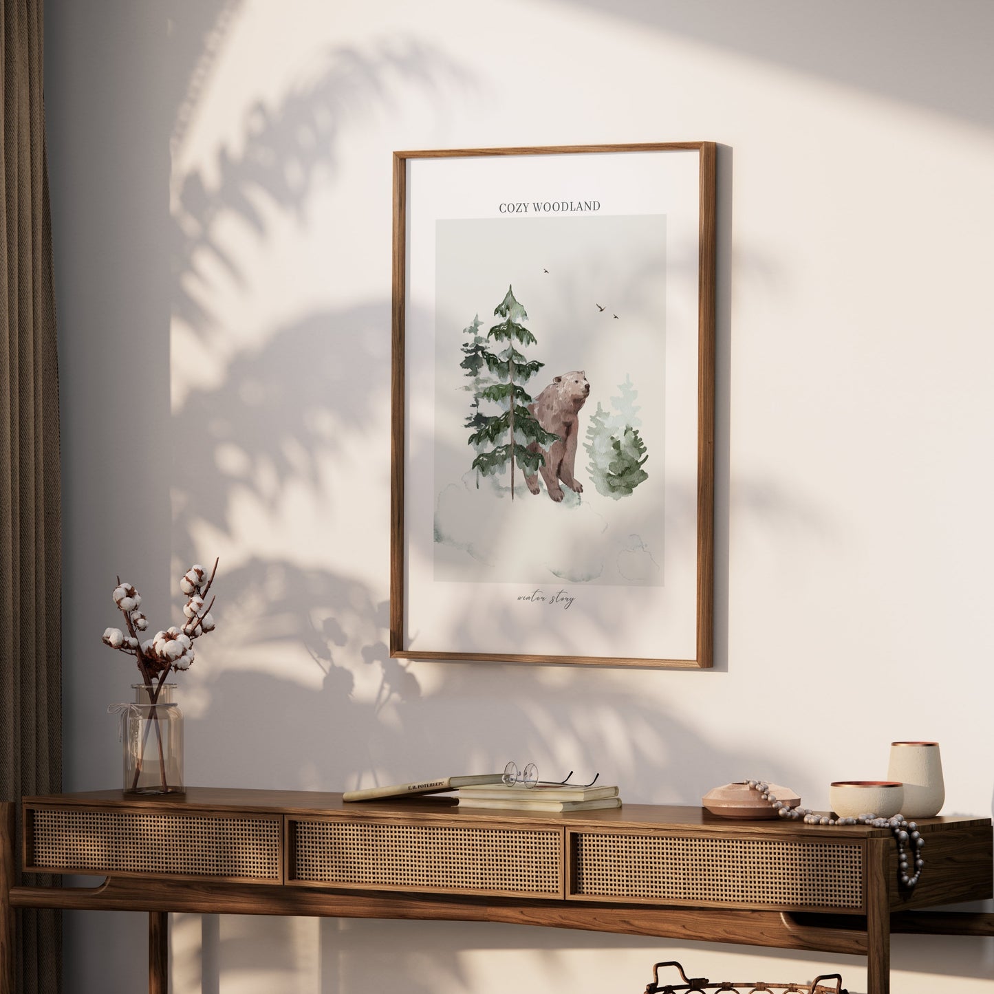 Premium Poster of Cozy Woodland Bear Among Forest Winter Scene Posters
