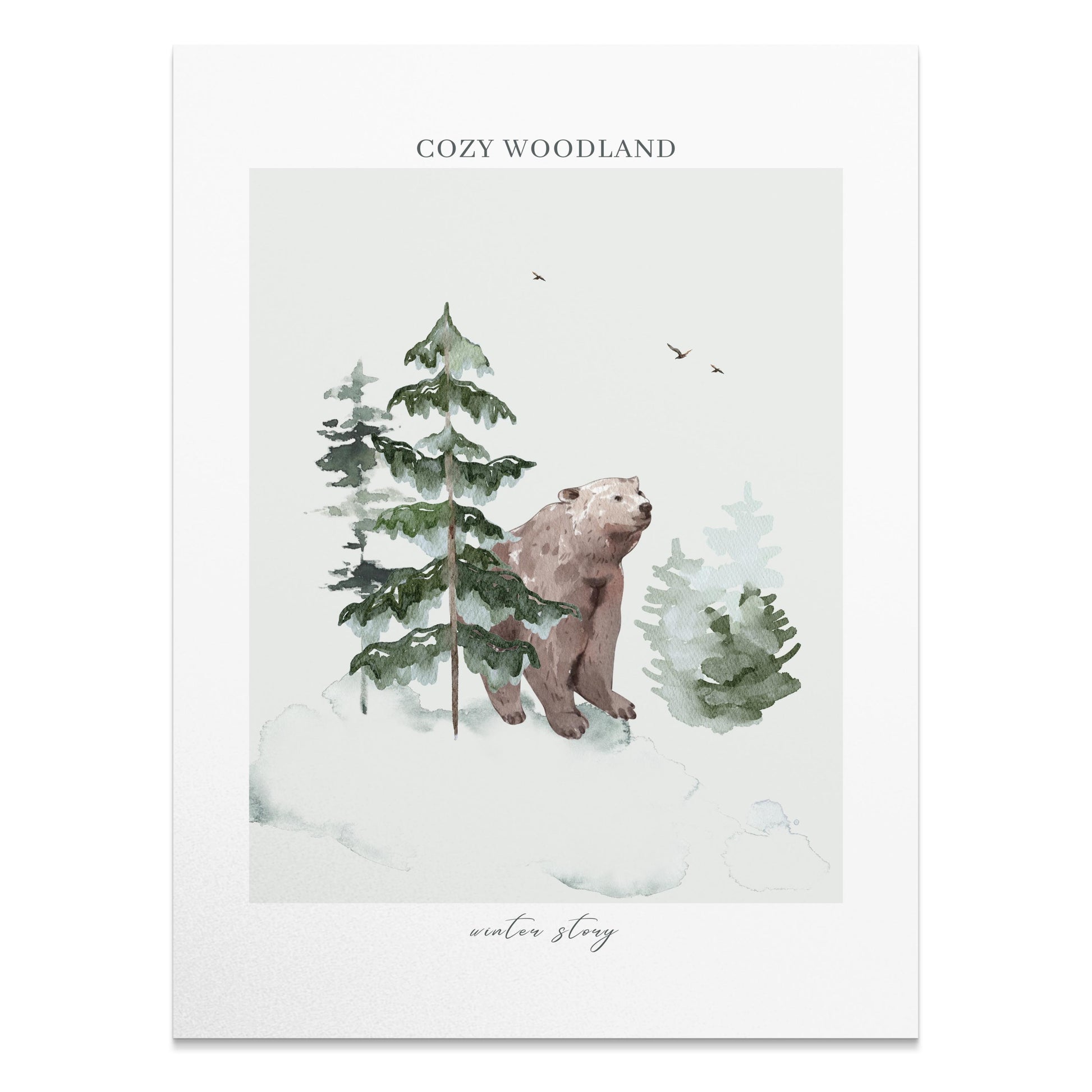 Premium Poster of Cozy Woodland Bear Among Forest Winter Scene Posters