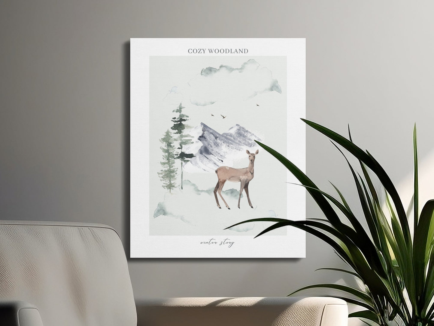 Premium Poster of Cozy Woodland Deer and Mountains Nursery Canvas Wraps
