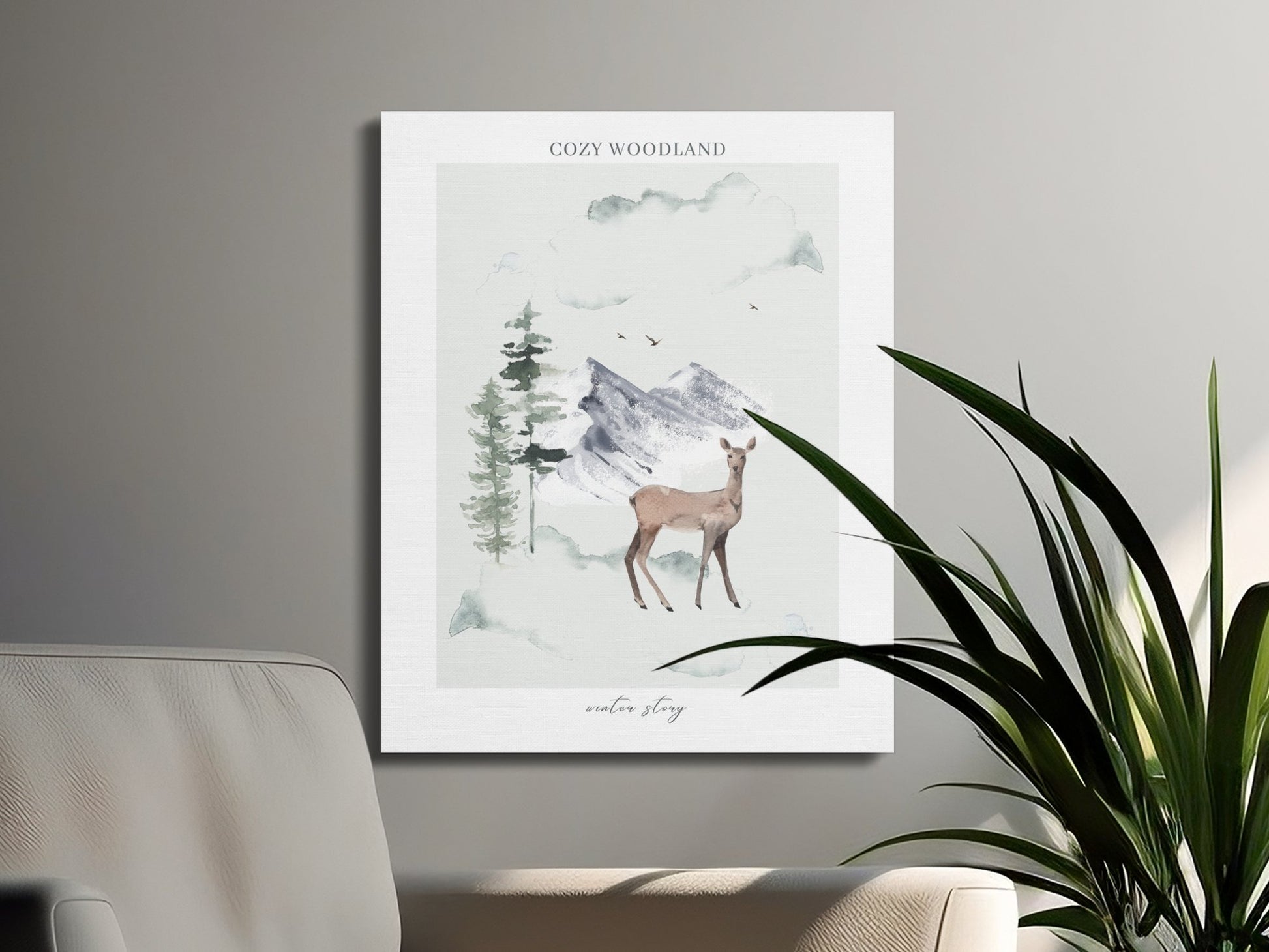 Premium Poster of Cozy Woodland Deer and Mountains Nursery Canvas Wraps