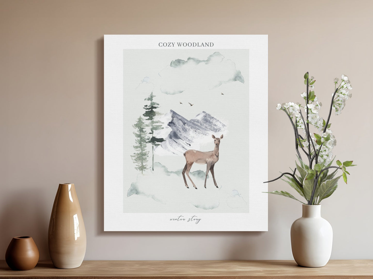 Premium Poster of Cozy Woodland Deer and Mountains Nursery Canvas Wraps