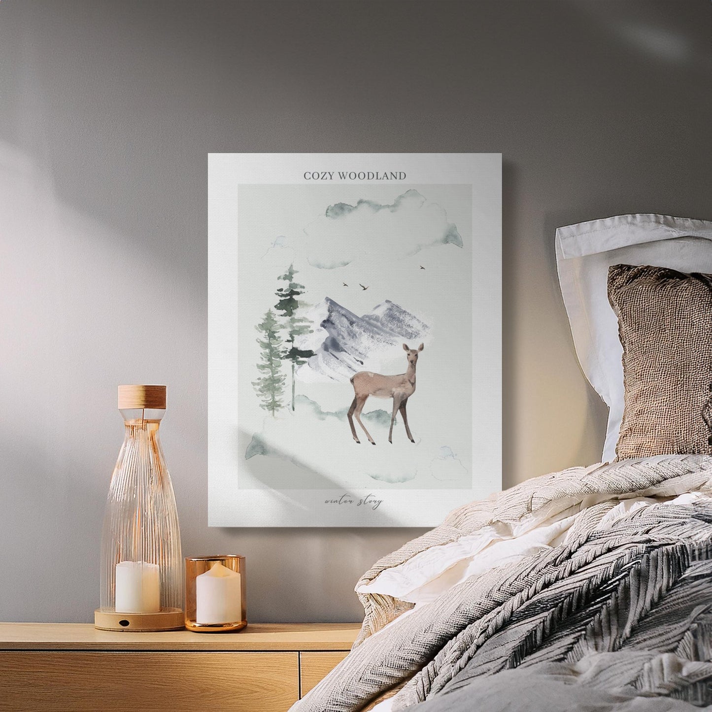 Premium Poster of Cozy Woodland Deer and Mountains Nursery Canvas Wraps