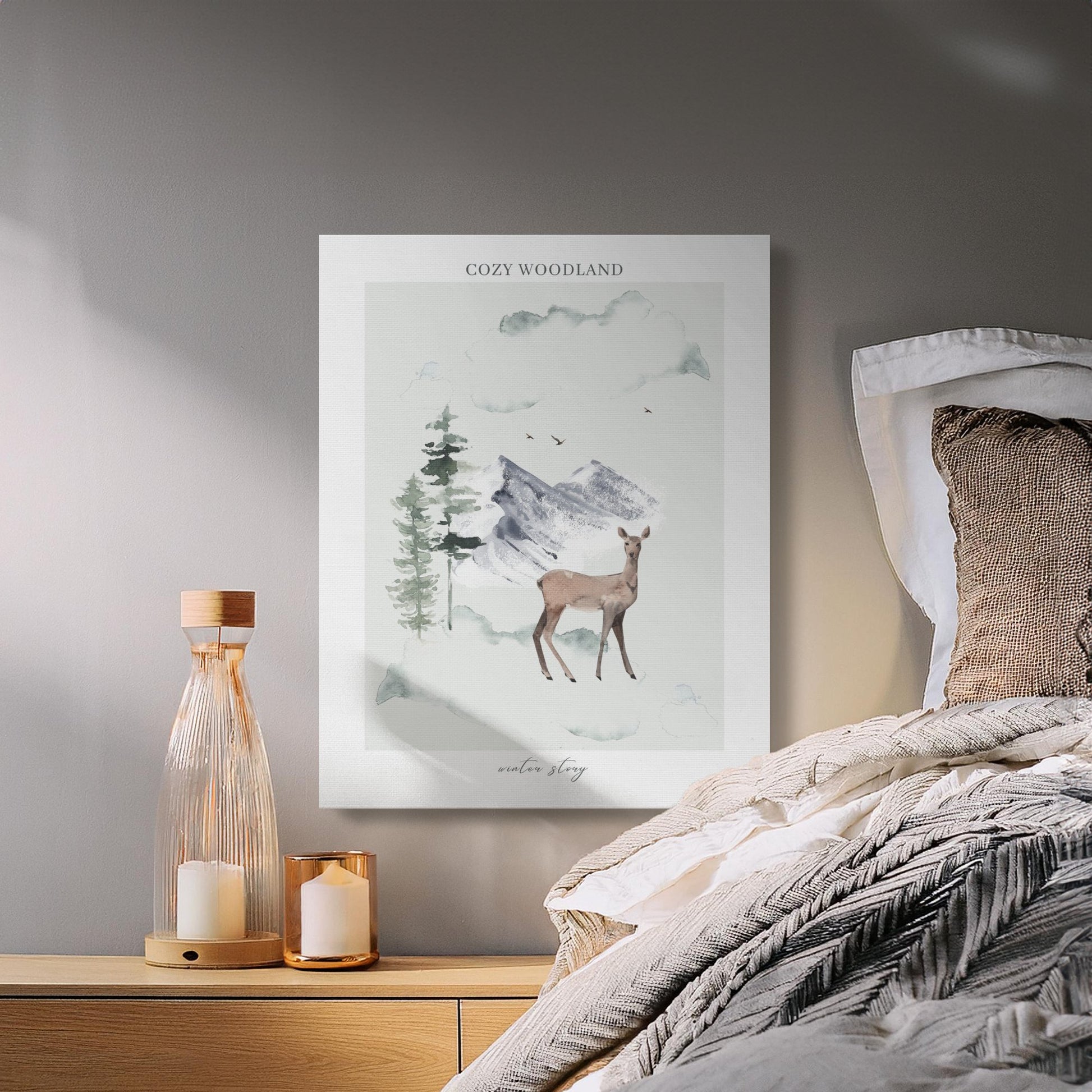 Premium Poster of Cozy Woodland Deer and Mountains Nursery Canvas Wraps
