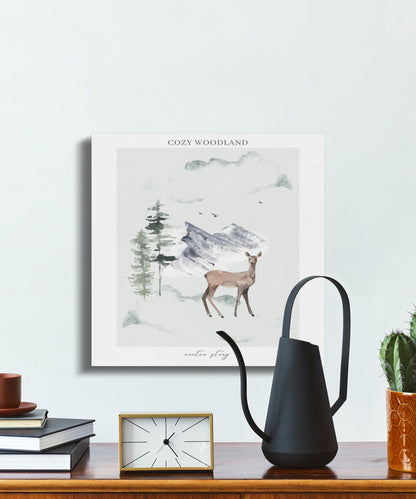 Premium Poster of Cozy Woodland Deer and Mountains Nursery Canvas Wraps