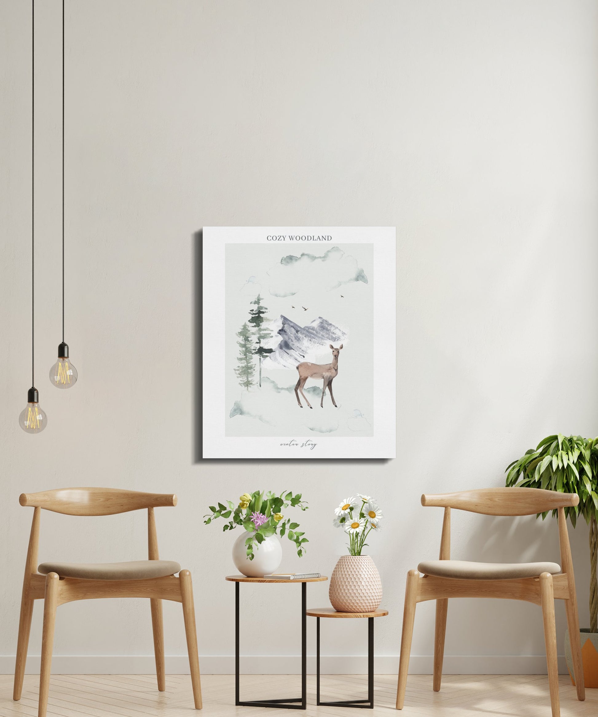 Premium Poster of Cozy Woodland Deer and Mountains Nursery Canvas Wraps