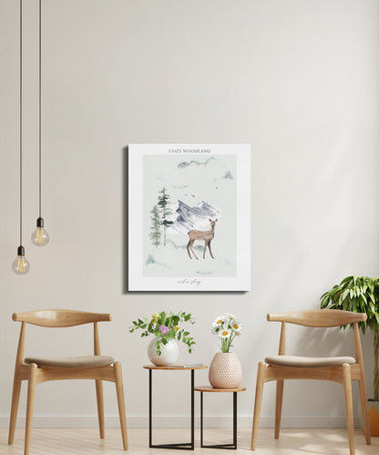 Premium Poster of Cozy Woodland Deer and Mountains Nursery Canvas Wraps