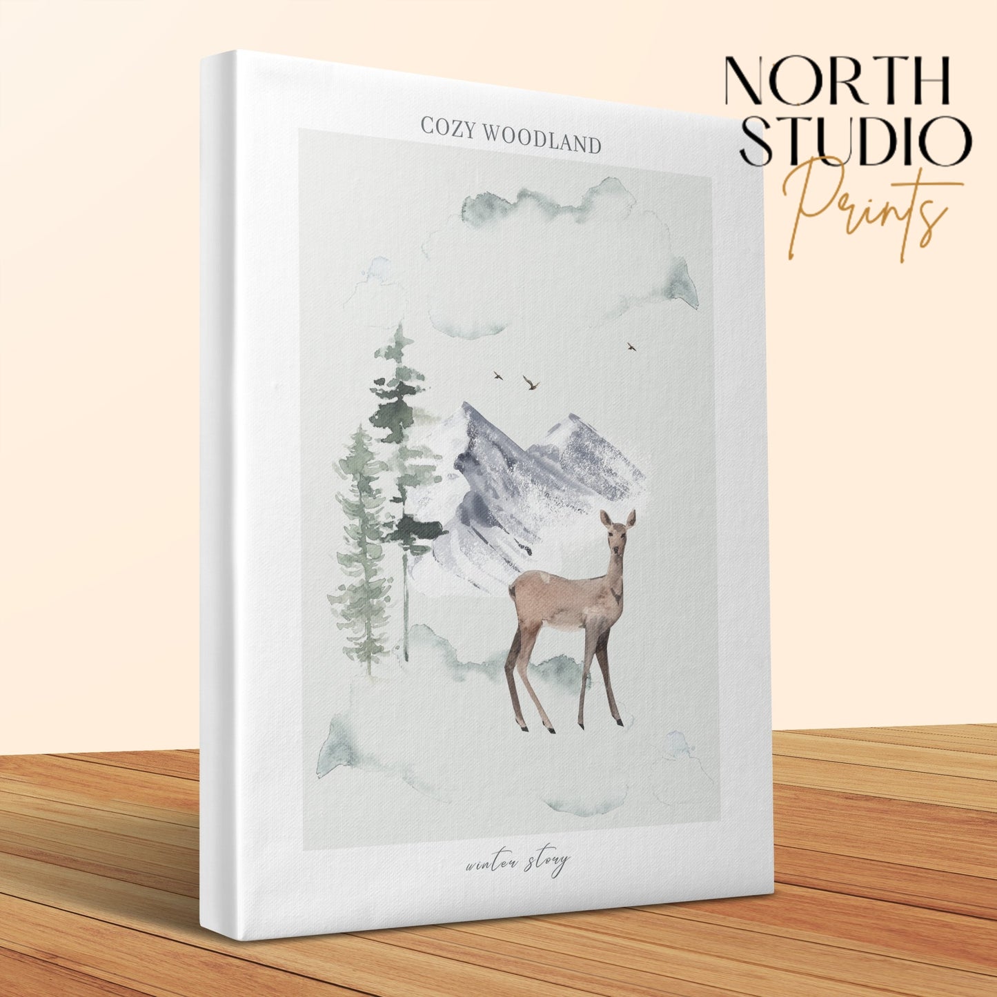 Premium Poster of Cozy Woodland Deer and Mountains Nursery Canvas Wraps
